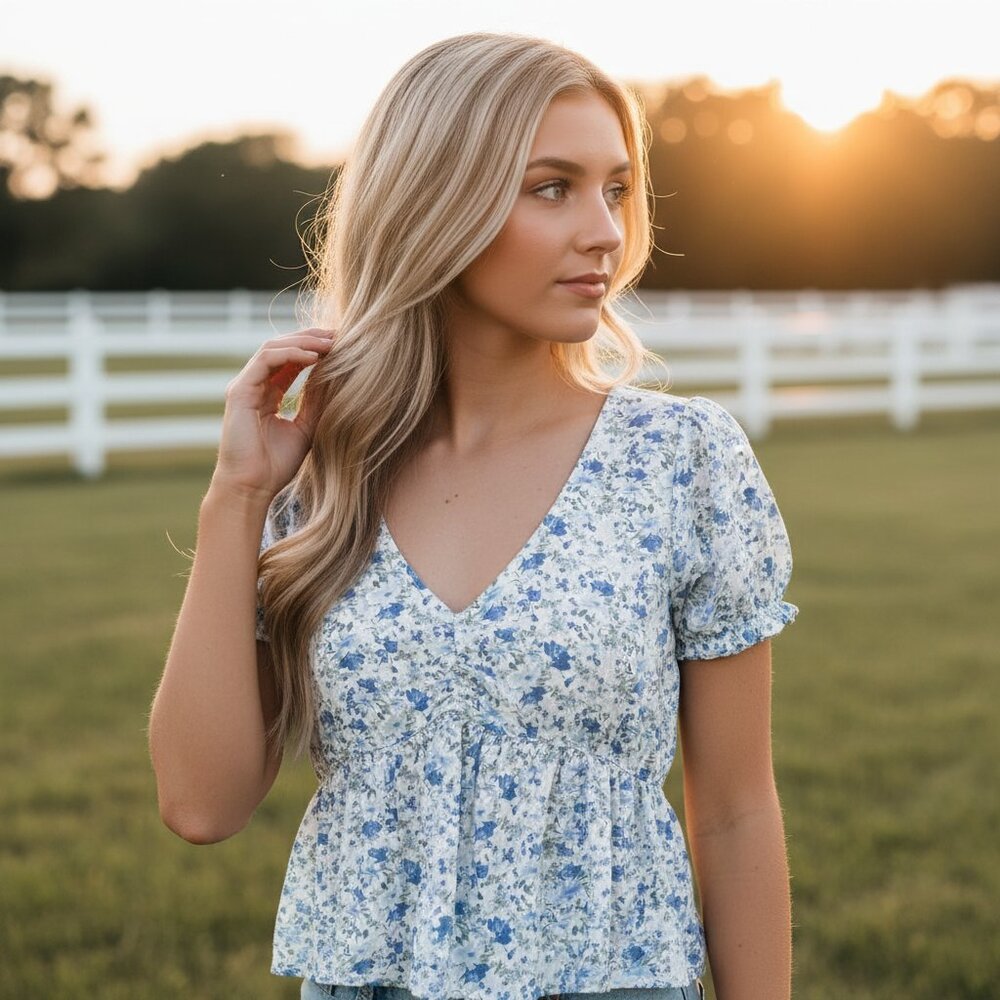 Hollister L Baby Doll‎ Top Blue Floral Peplum SS Coquette Boho Casual Crop Flowy
